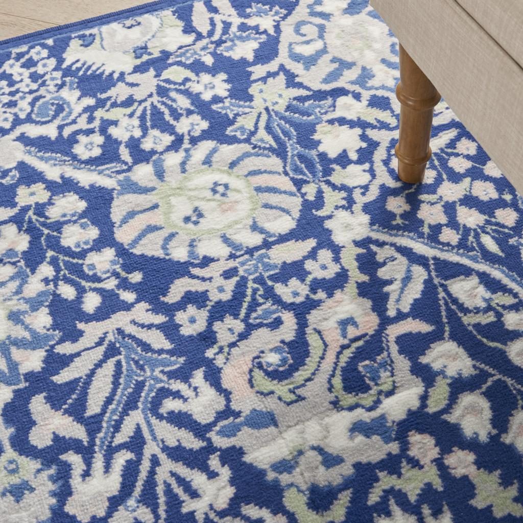 Traditional Ivory and Blue Floral Polypropylene Rectangle Area Rug
