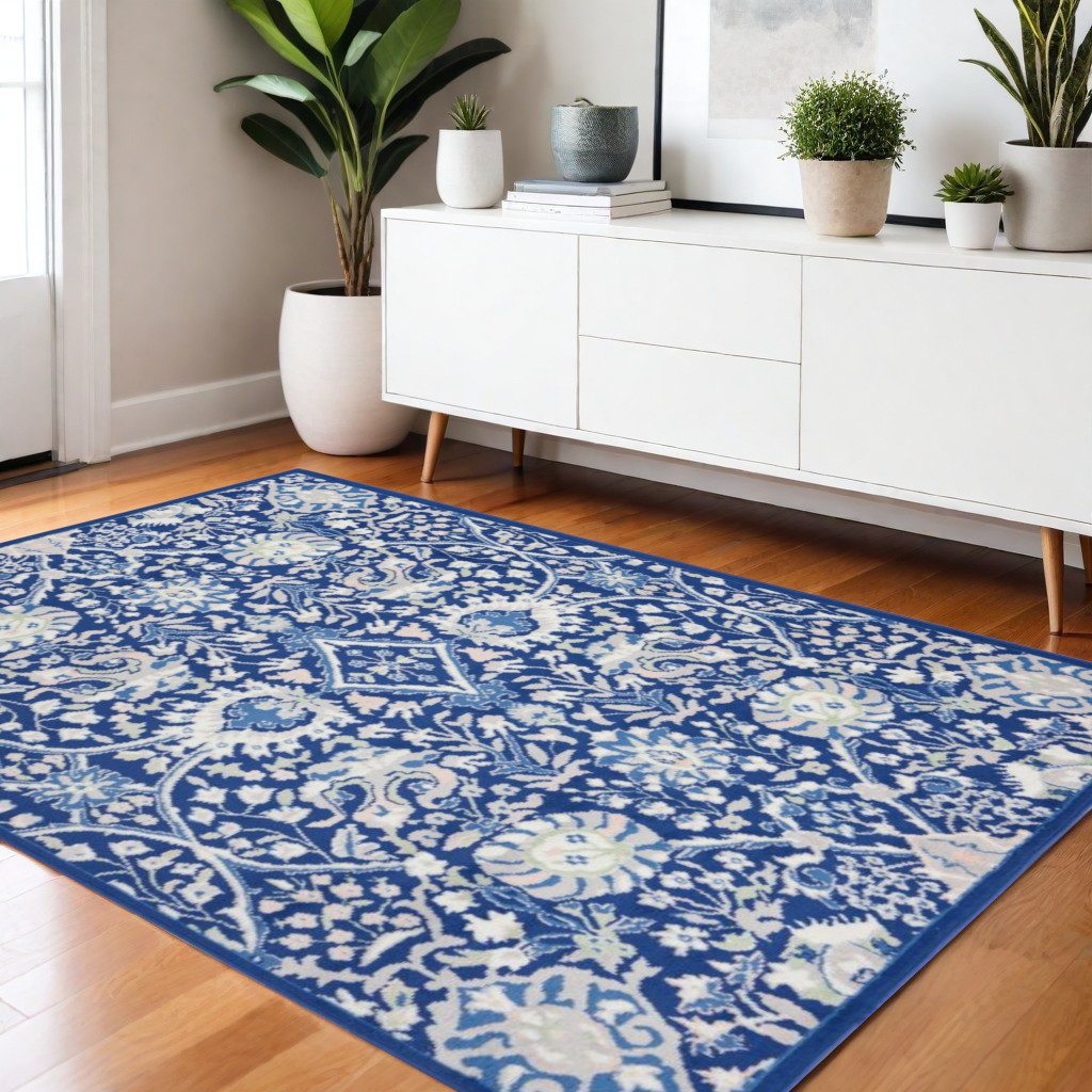 Traditional Ivory and Blue Floral Polypropylene Rectangle Area Rug