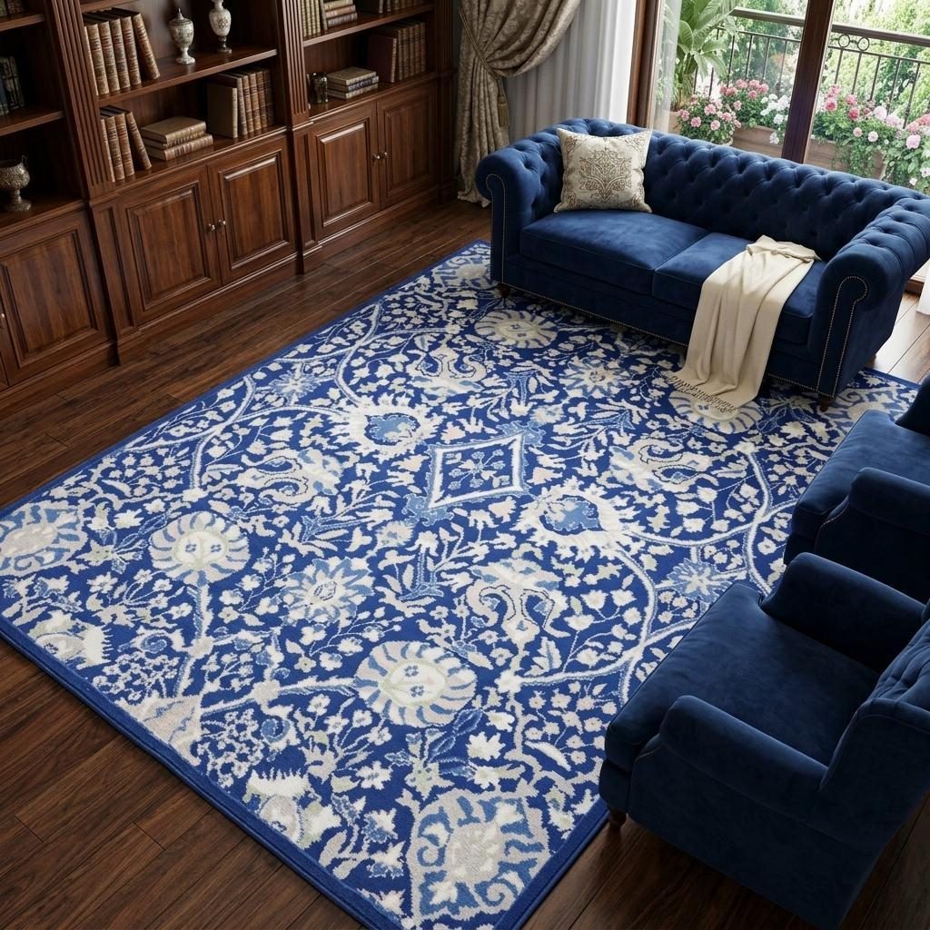 Traditional Ivory and Blue Floral Polypropylene Rectangle Area Rug, 6′ × 9′
