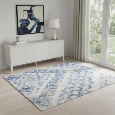Ivory and Blue Geometric Polypropylene Area Rug