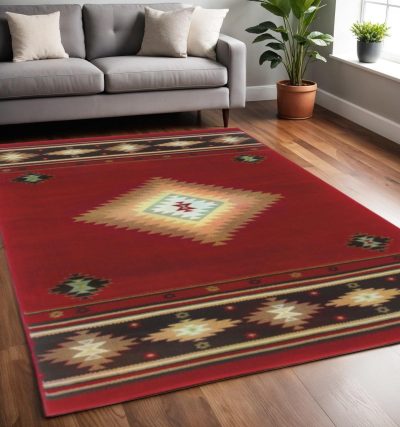 Red and Beige Ikat Pattern Polypropylene Area Rug