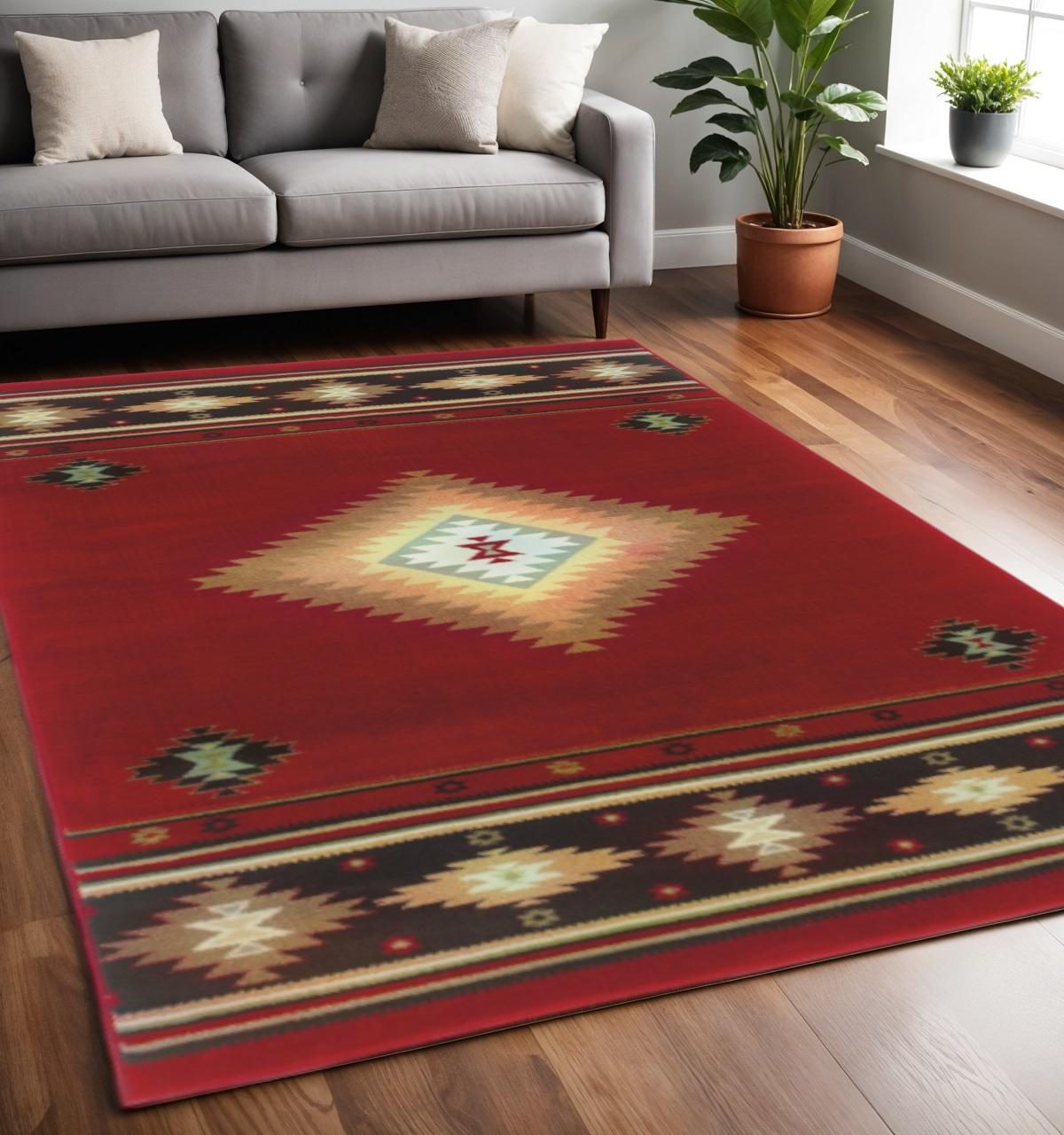 Red and Beige Ikat Pattern Polypropylene Area Rug, 5′ × 8′