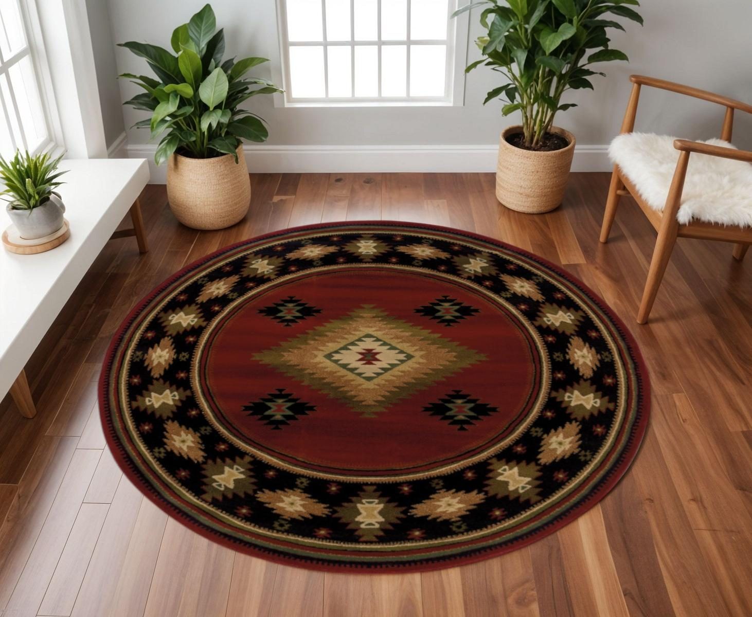 Red and Beige Ikat Pattern Polypropylene Area Rug, 8′ Round