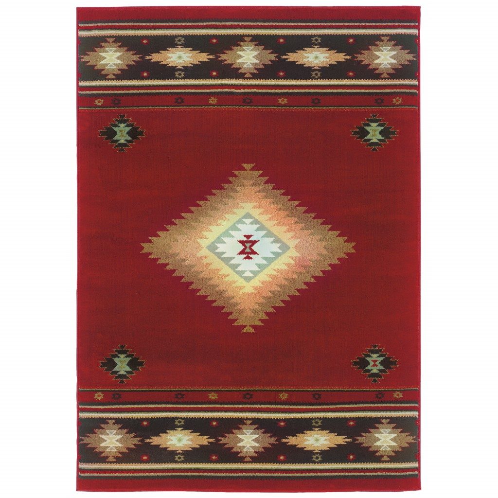 Red and Beige Ikat Pattern Polypropylene Area Rug