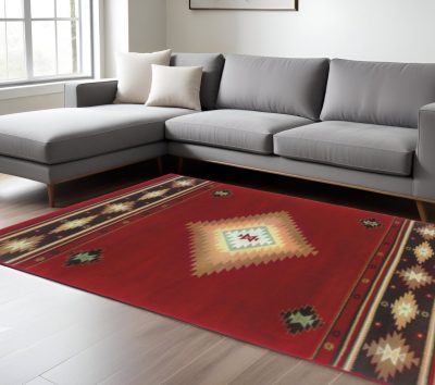 Red and Beige Ikat Pattern Polypropylene Area Rug