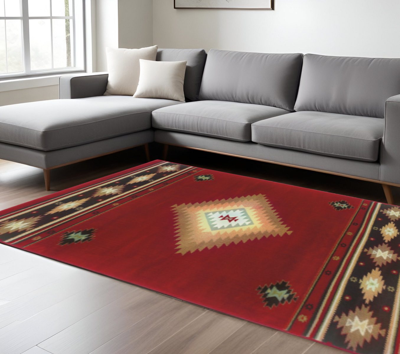 Red and Beige Ikat Pattern Polypropylene Area Rug