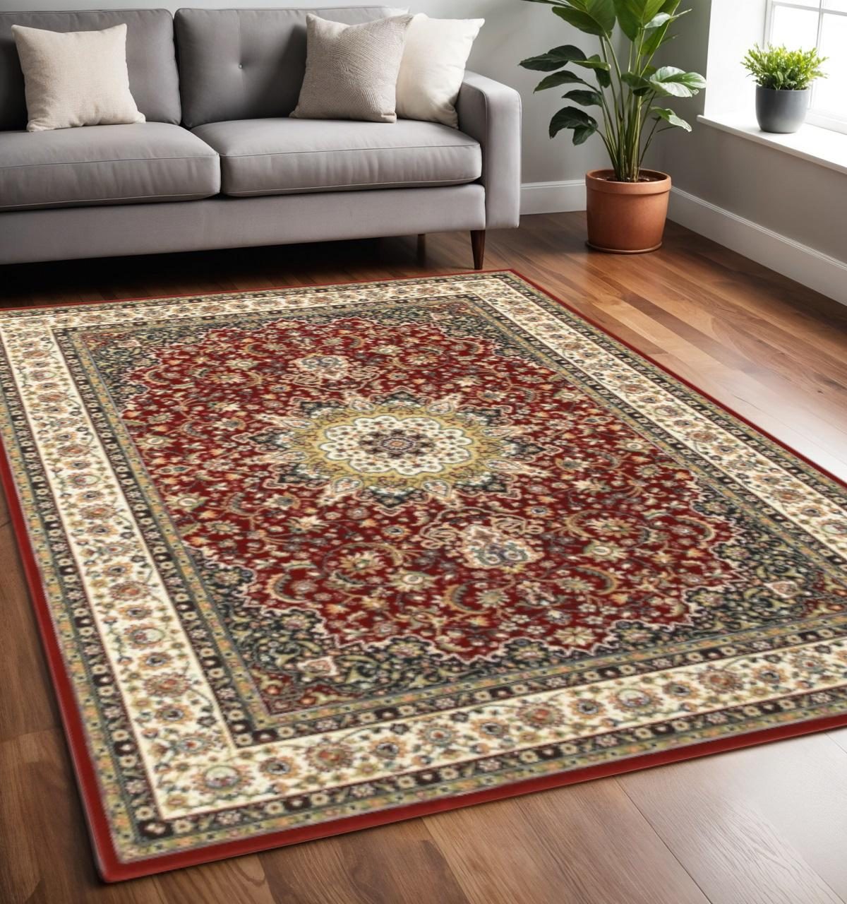 Red and Ivory Floral Medallion Polypropylene Area Rug, 5′ × 8′