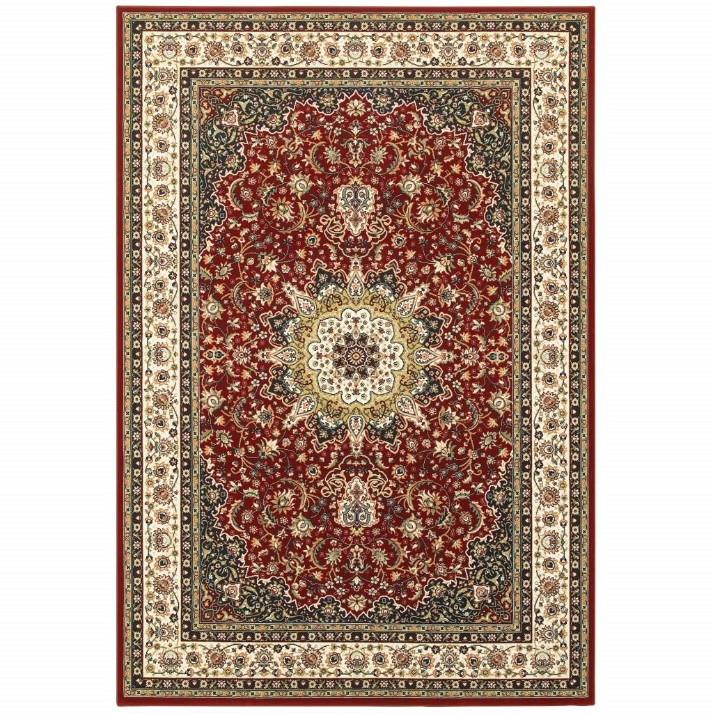 Red and Ivory Floral Medallion Polypropylene Area Rug