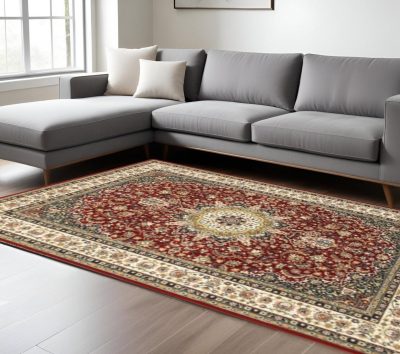 Red and Ivory Floral Medallion Polypropylene Area Rug
