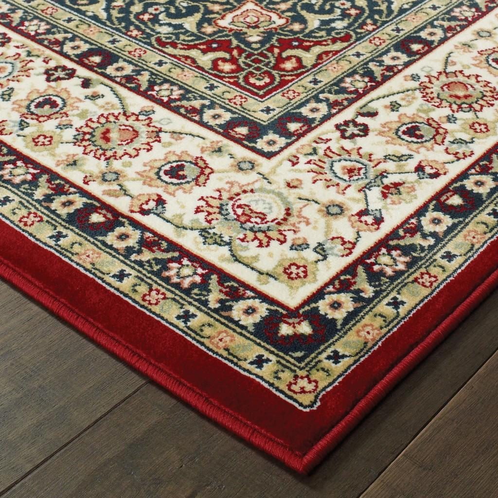 Red and Ivory Floral Medallion Polypropylene Area Rug