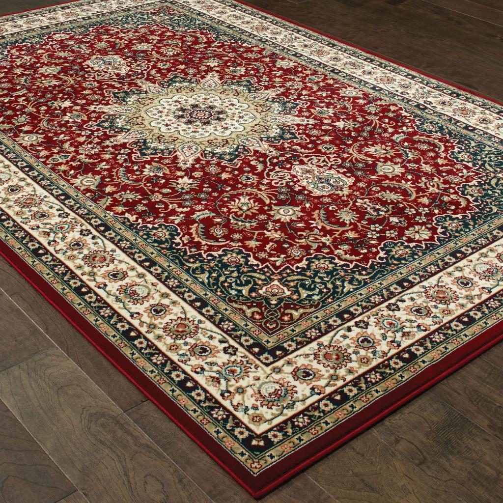 Red and Ivory Floral Medallion Polypropylene Area Rug