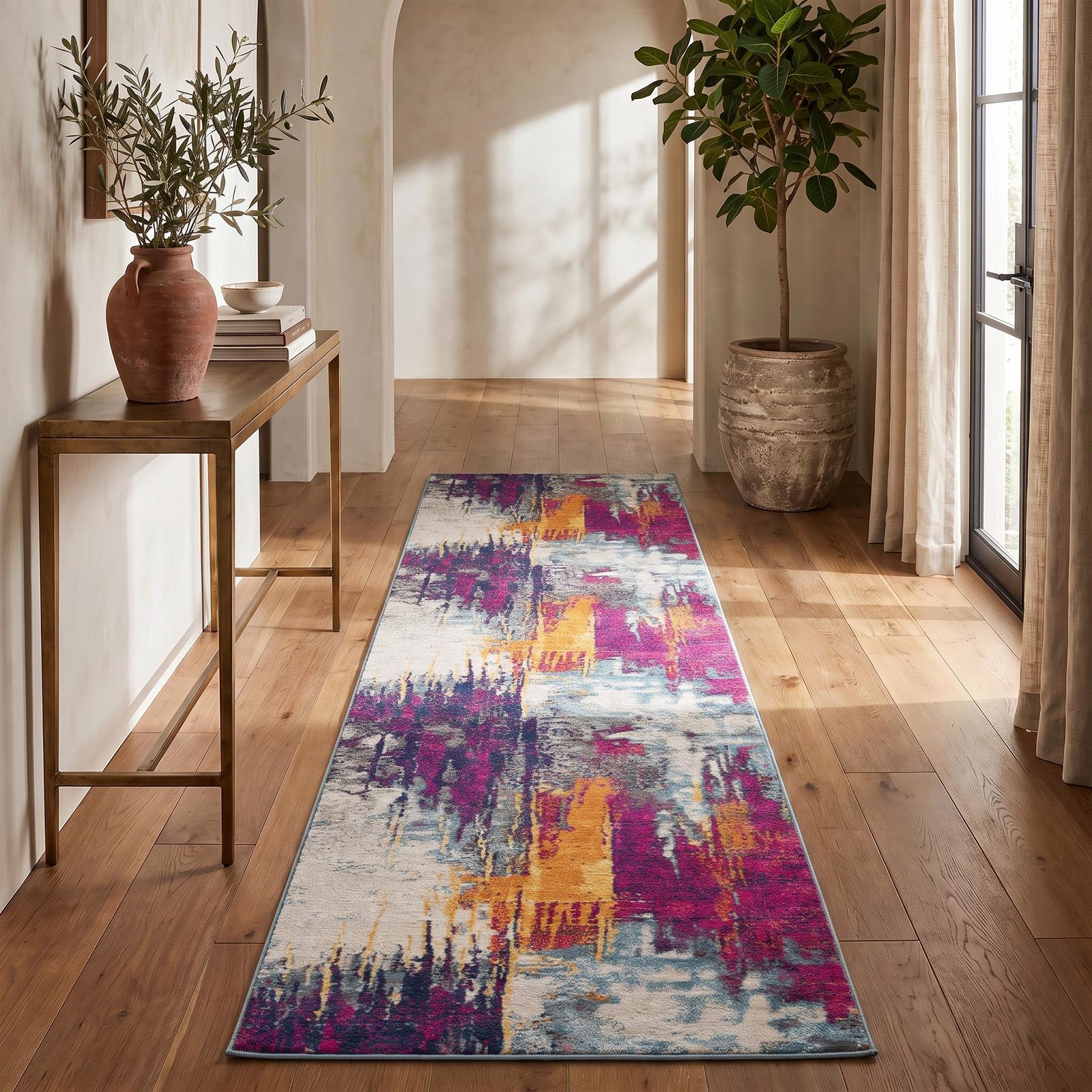 Gray Ivory and Magenta Abstract Polypropylene Area Rug