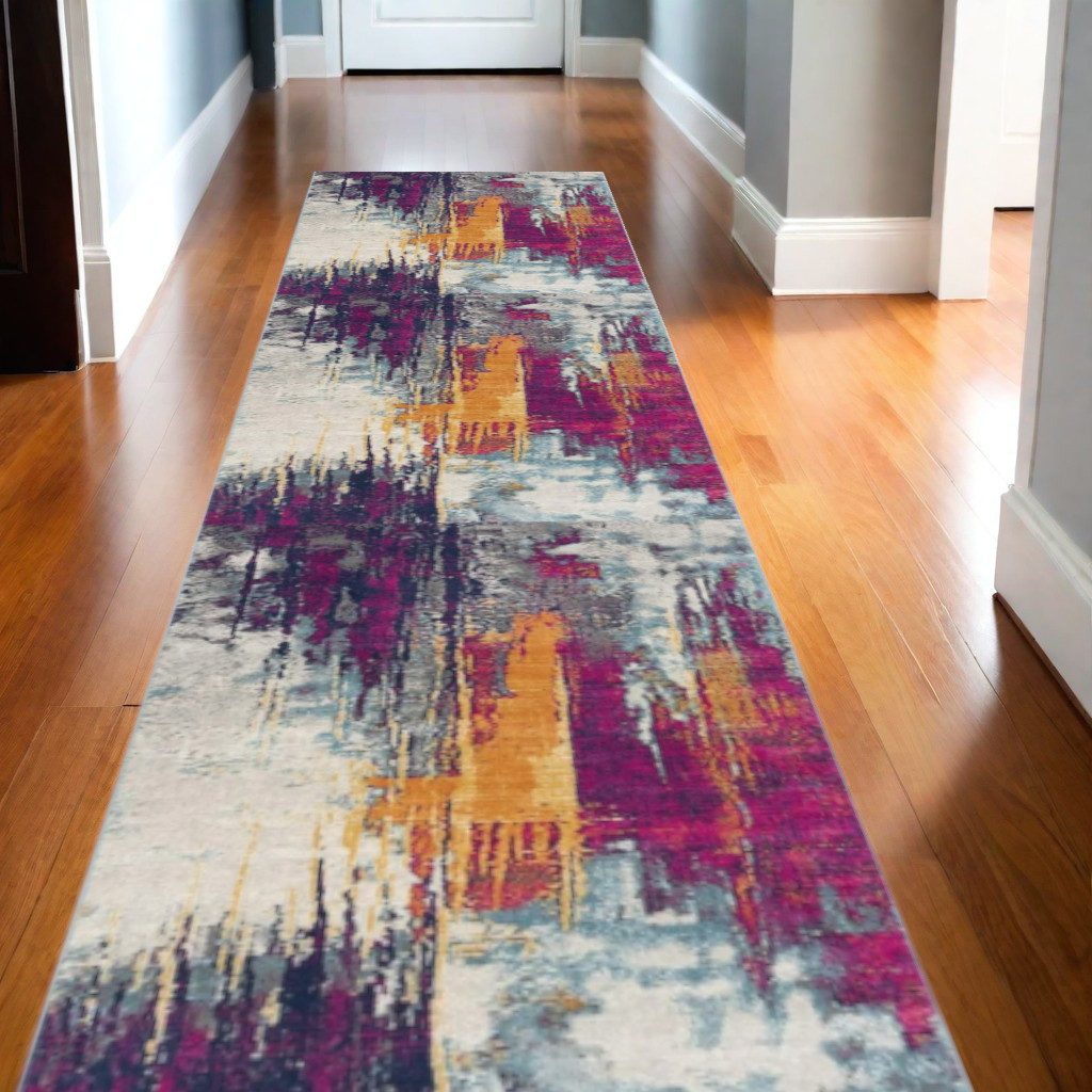 Gray Ivory and Magenta Abstract Polypropylene Area Rug