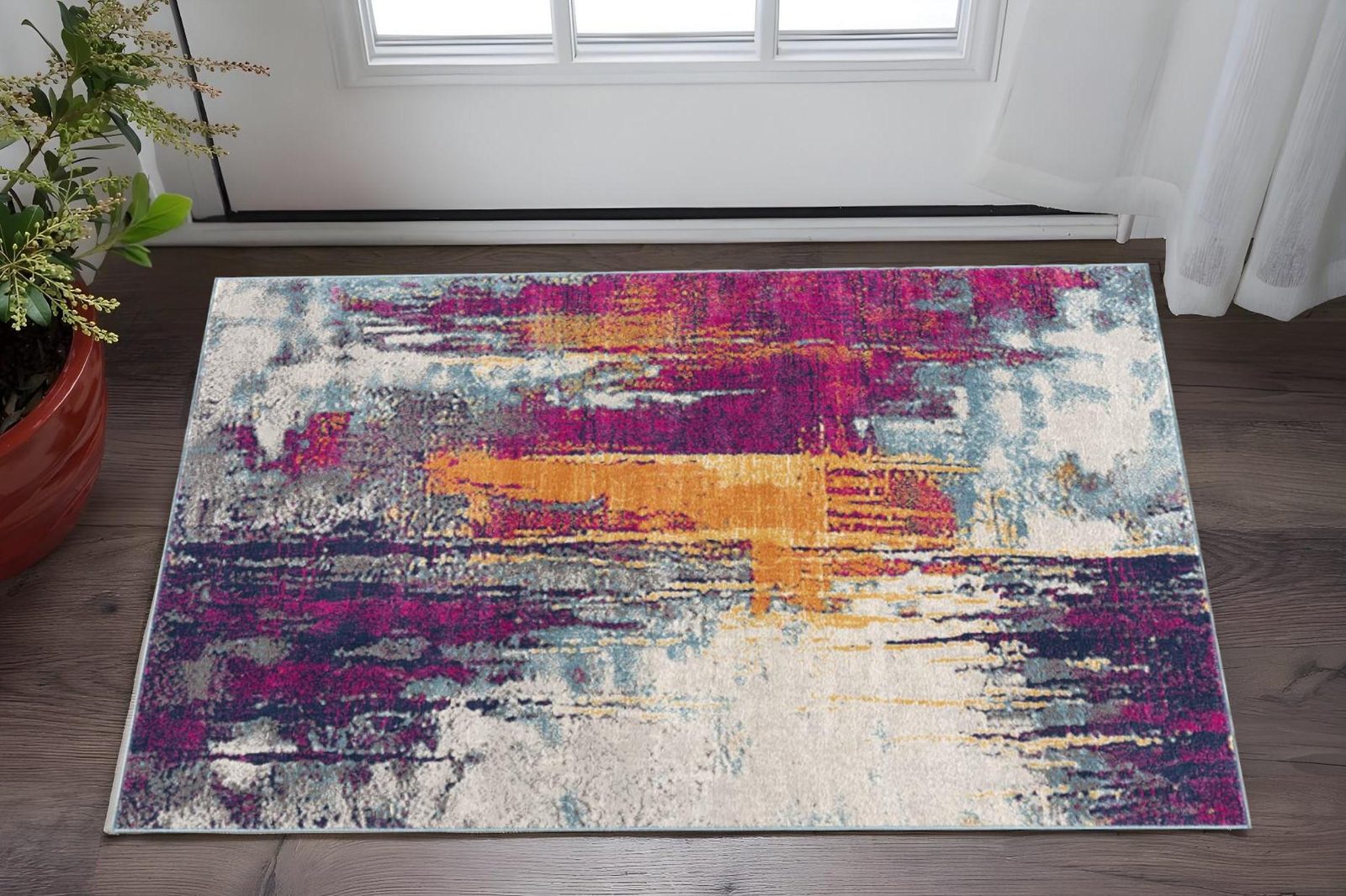 Gray Ivory and Magenta Abstract Polypropylene Area Rug, 2′ × 5′