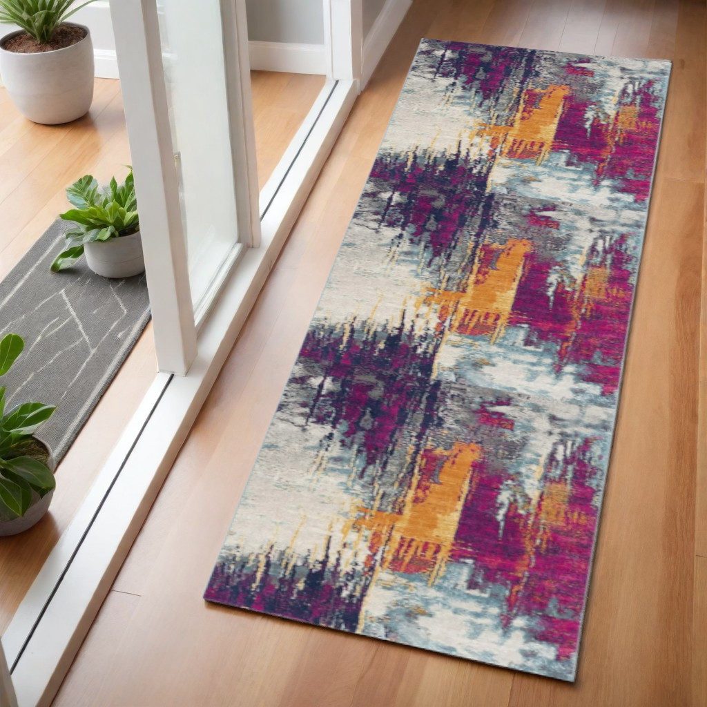 Gray Ivory and Magenta Abstract Polypropylene Area Rug, 2′ × 6′