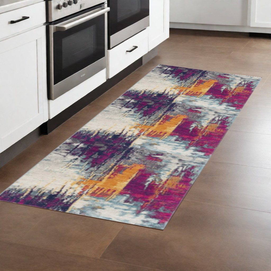 Gray Ivory and Magenta Abstract Polypropylene Area Rug, 8′ Runner
