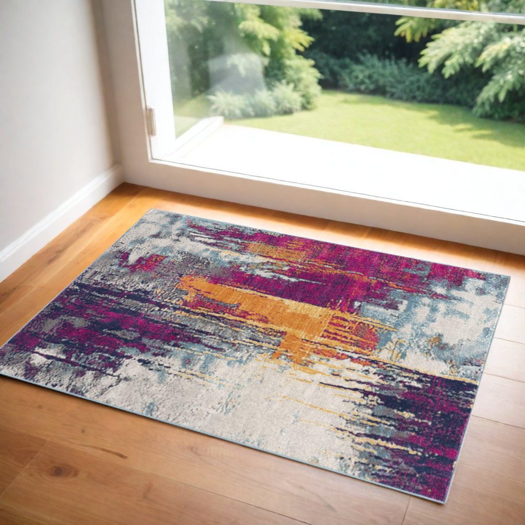 Gray Ivory and Magenta Abstract Polypropylene Area Rug, 3′ × 5′