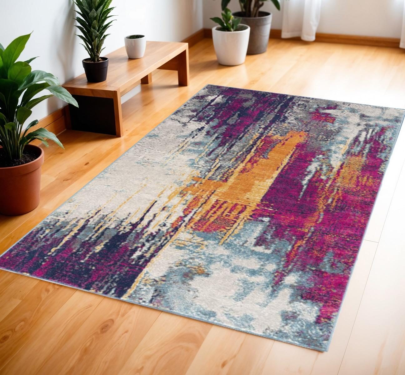 Gray Ivory and Magenta Abstract Polypropylene Area Rug, 4′ × 6′