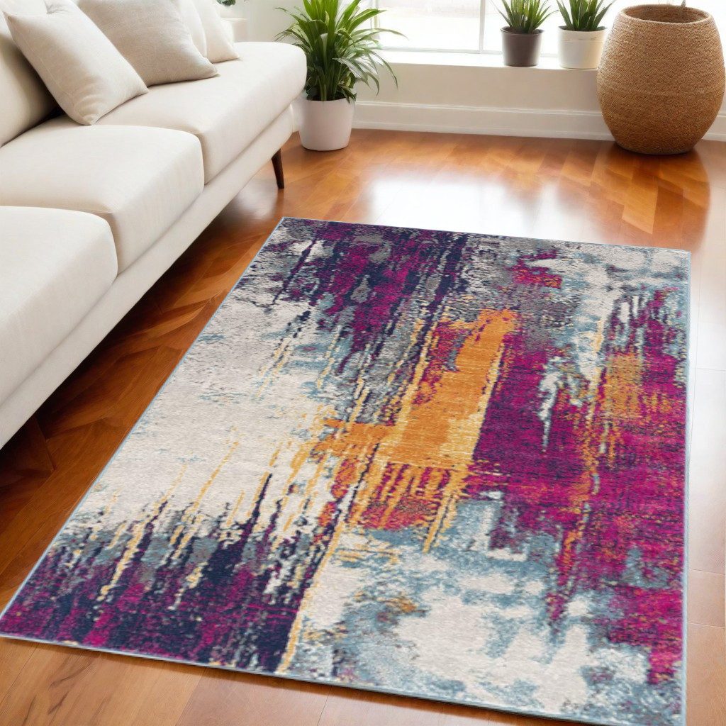 Gray Ivory and Magenta Abstract Polypropylene Area Rug, 5′ × 7′