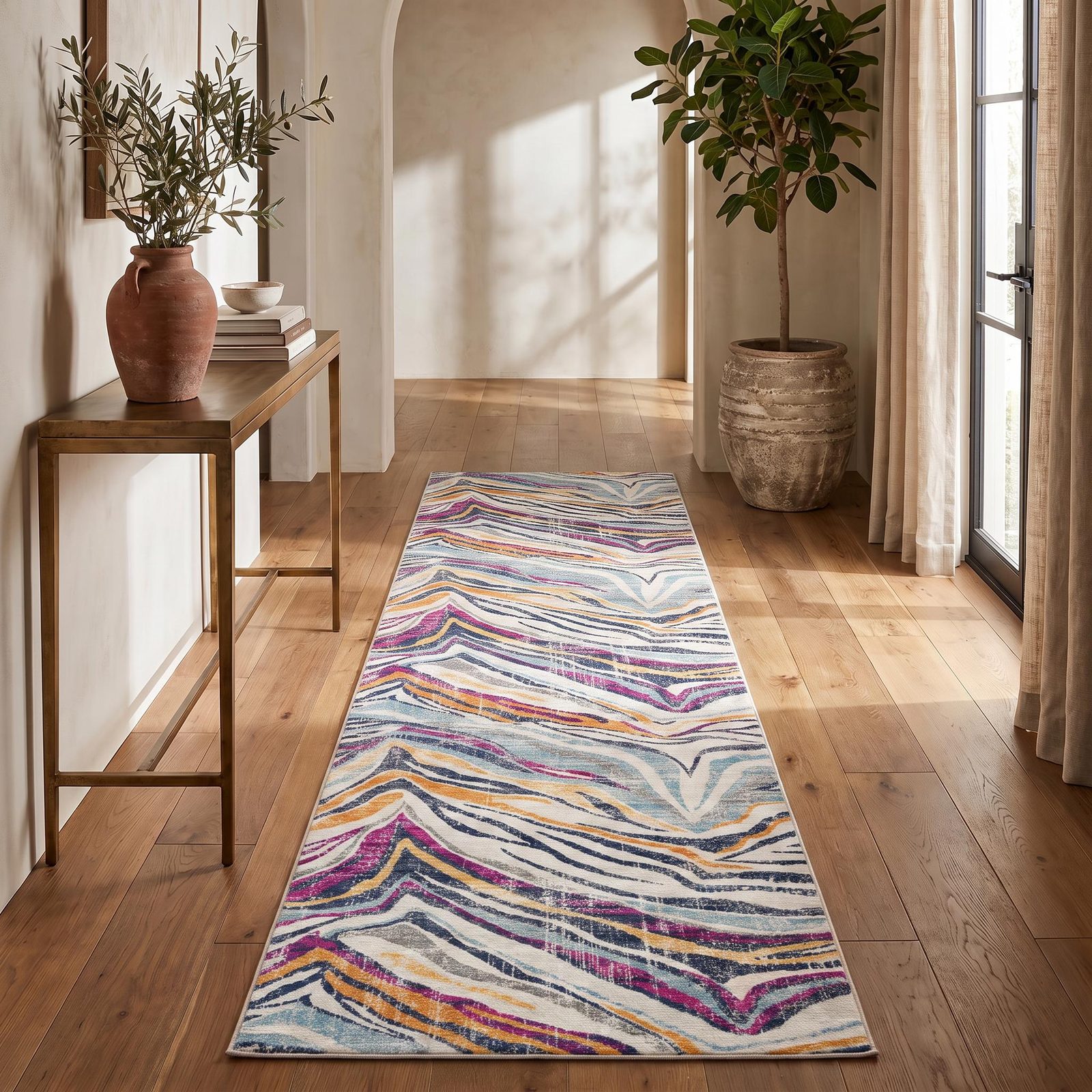 Blue and Gold Abstract Polypropylene Area Rug