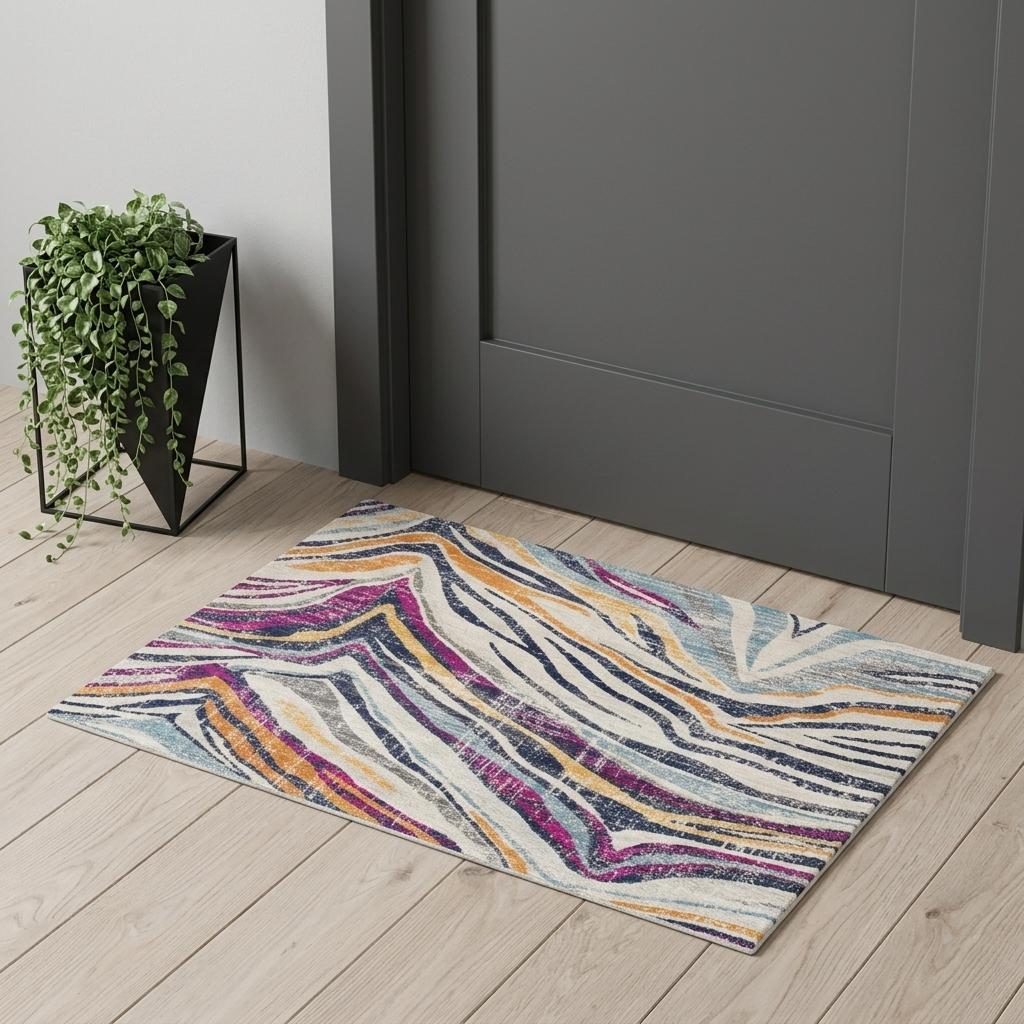 Blue and Gold Abstract Polypropylene Area Rug, 2′ × 4′