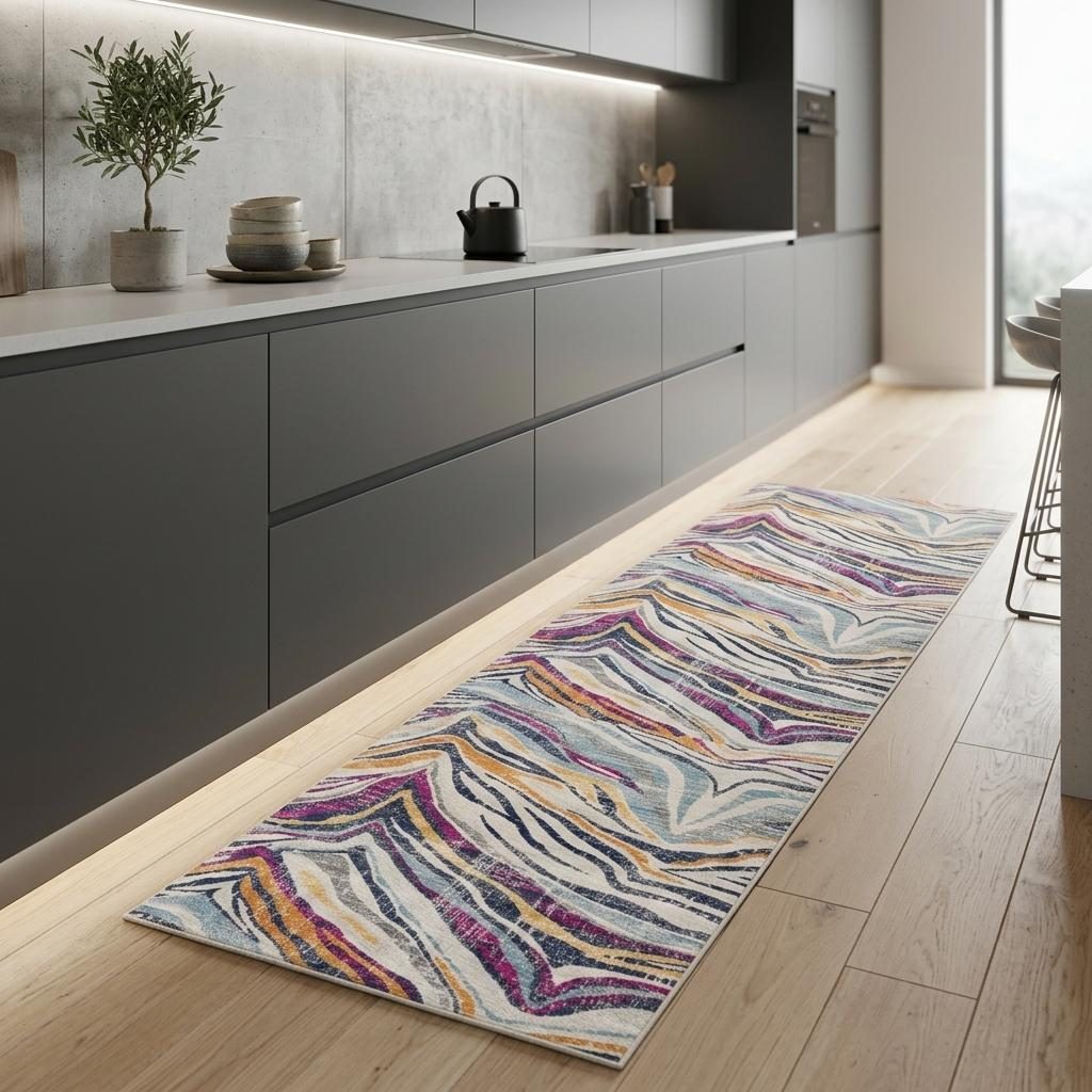 Blue and Gold Abstract Polypropylene Area Rug, 8′ Runner