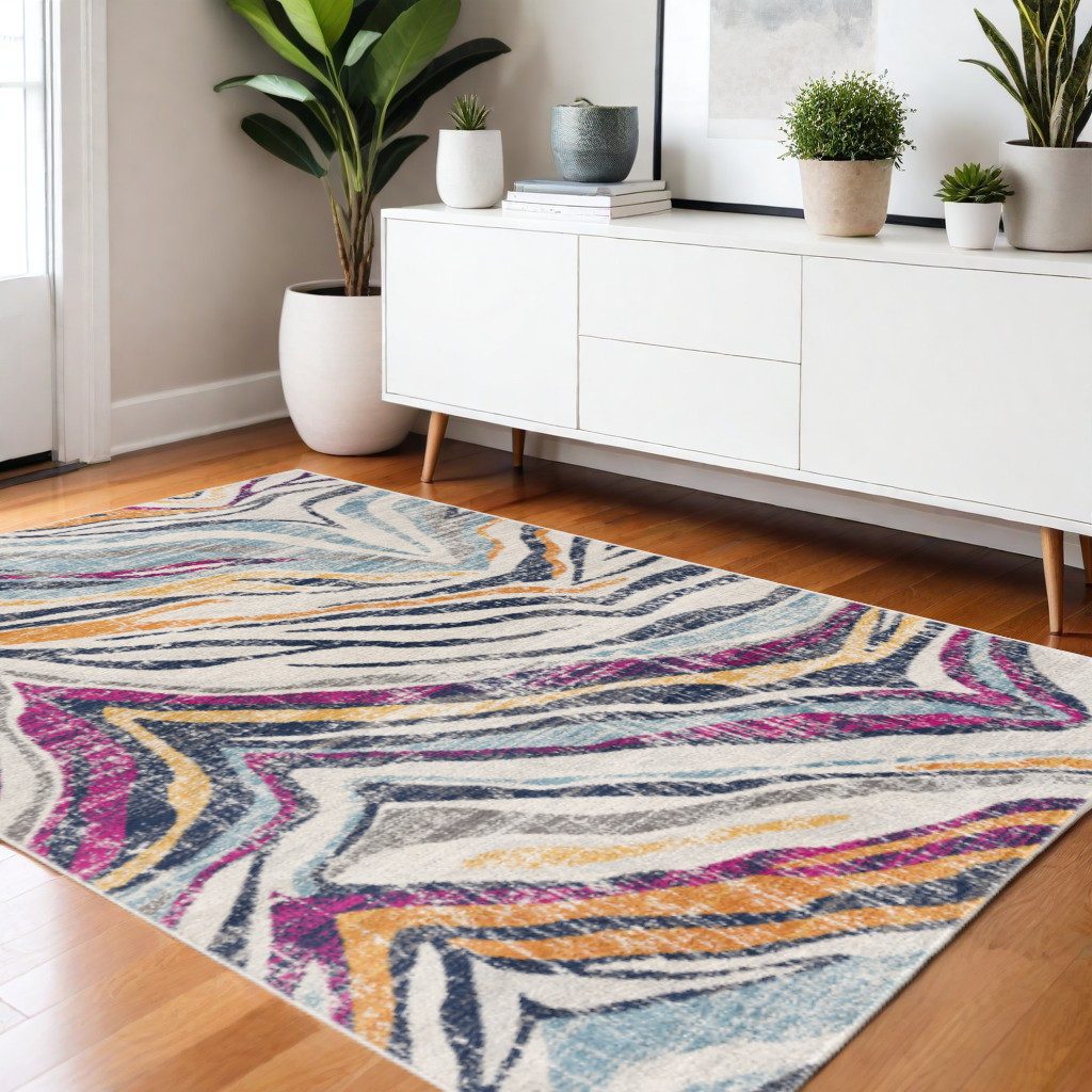 Blue and Gold Abstract Polypropylene Area Rug, 4′ × 6′