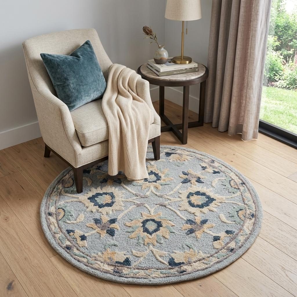 Blue and Beige Wool Hand Woven Area Rug, 3′ Round