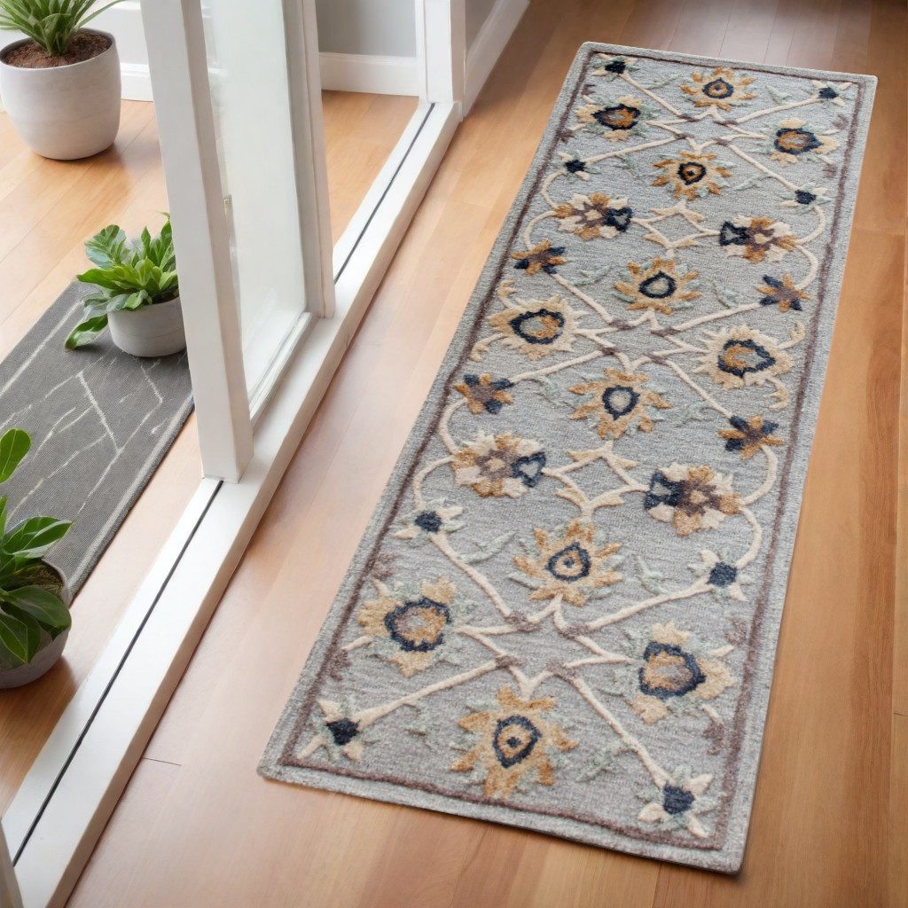 Blue and Beige Wool Hand Woven Area Rug, 7′ Runner