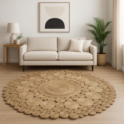 Natural Jute Abstract Geometric Hand Braided Round Area Rug