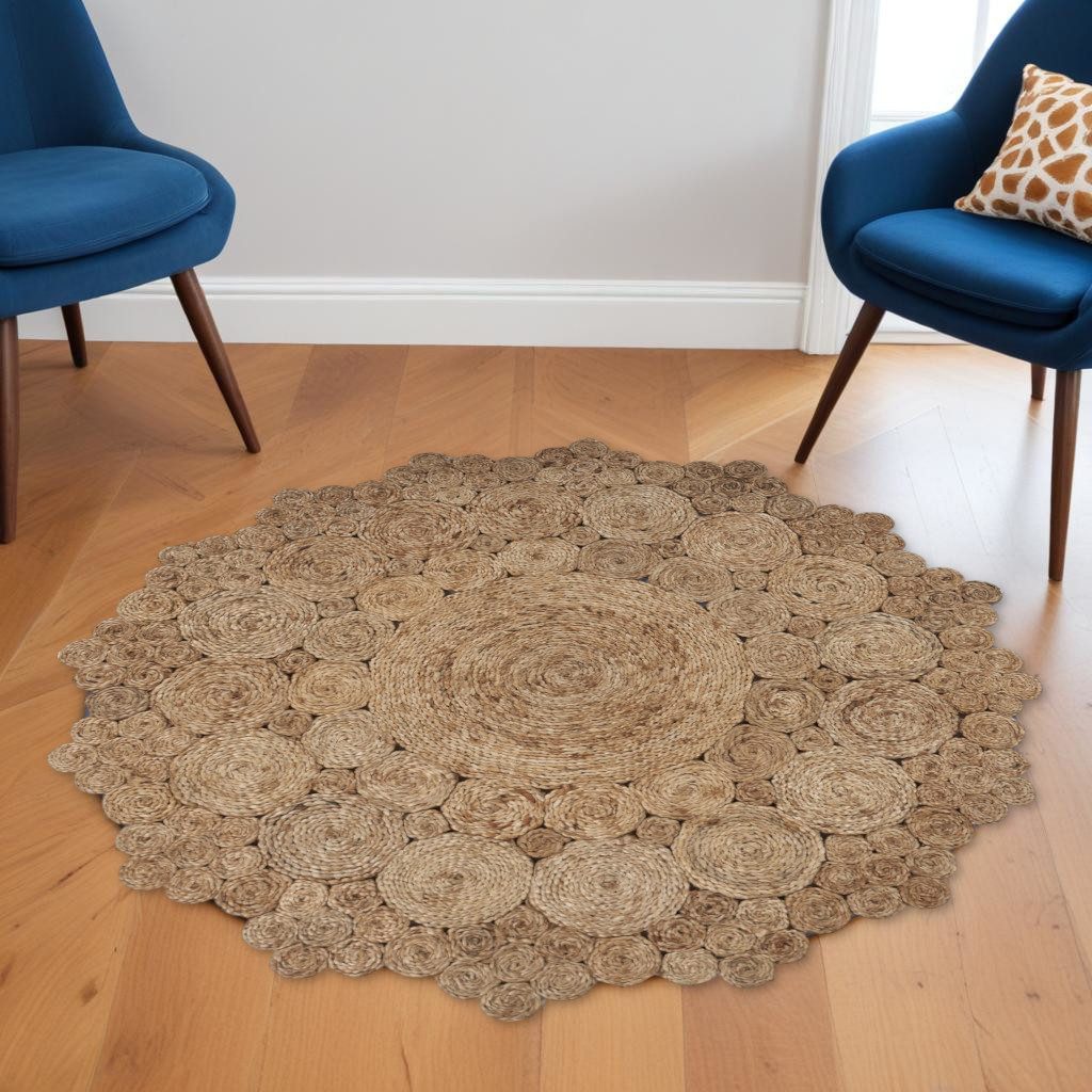Natural Jute Abstract Geometric Hand Braided Round Area Rug, 6′ Round