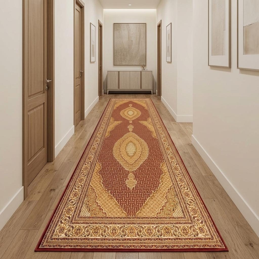 10′ Red and Beige Polypropylene Oriental Runner Rug