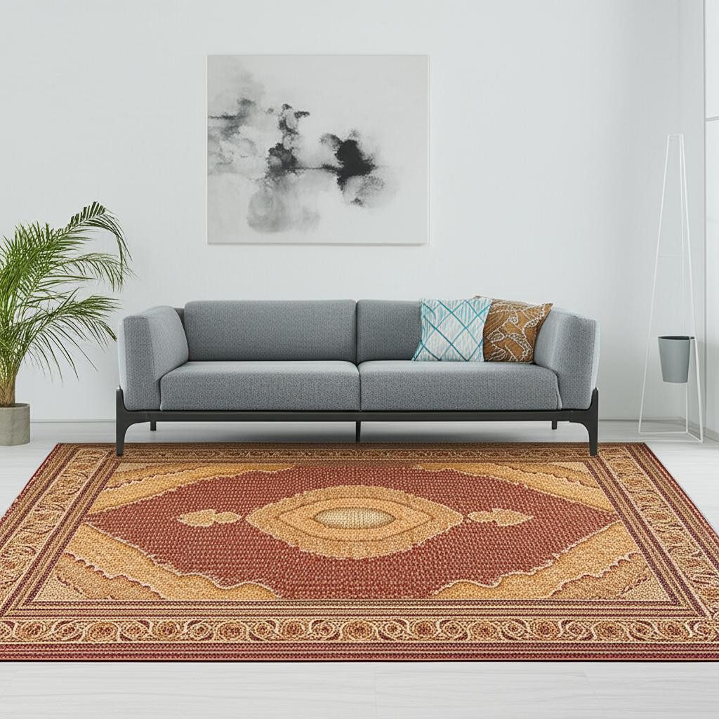 Red and Beige Oriental Olefin Area Rug, 5′ × 8′