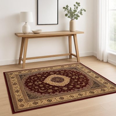 Red and Beige Floral Medallion Olefin Power Loom Area Rug