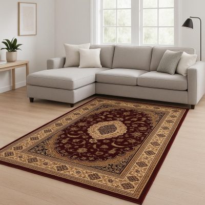 Red and Beige Floral Medallion Olefin Power Loom Area Rug