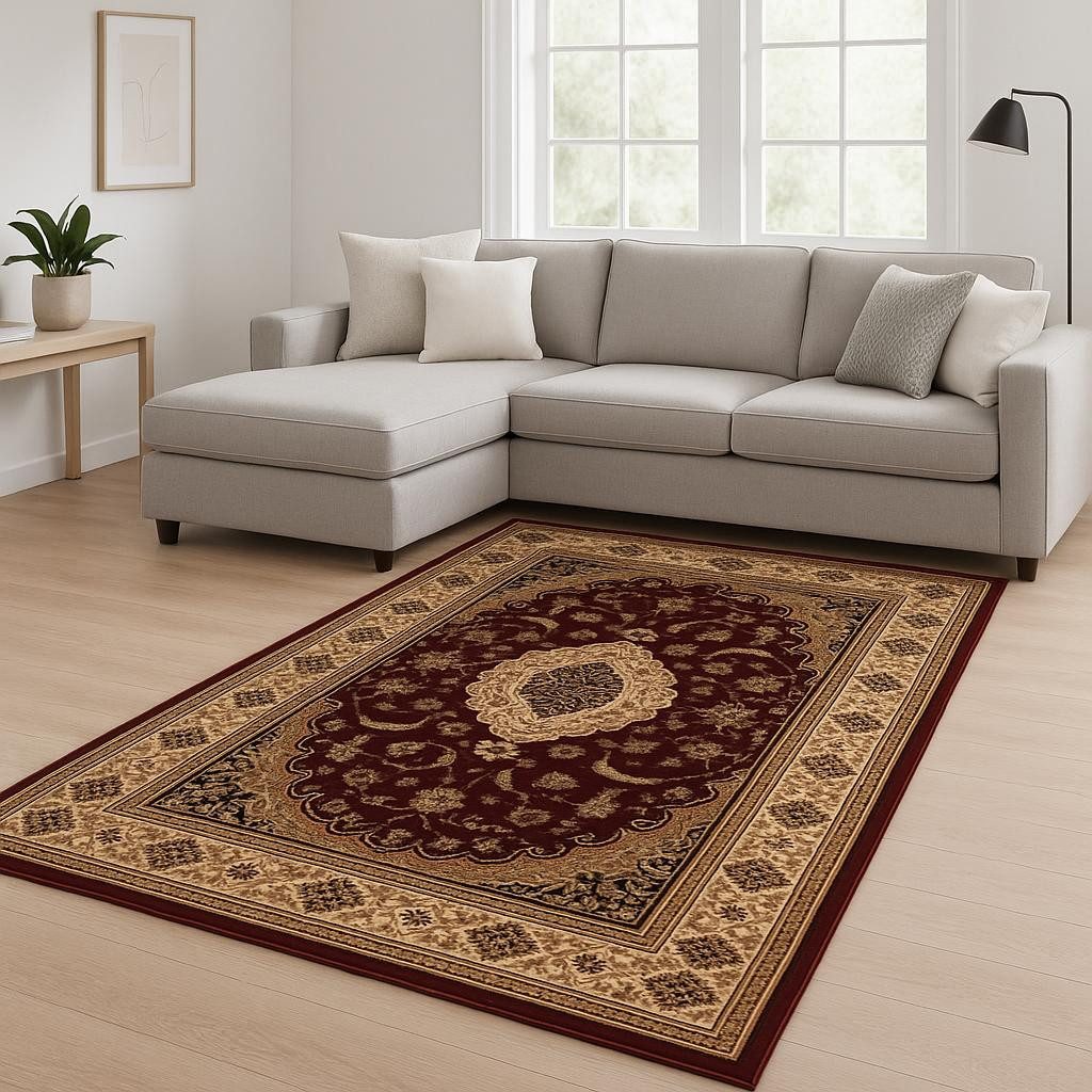 Red and Beige Floral Medallion Olefin Power Loom Area Rug, 7′ × 9′