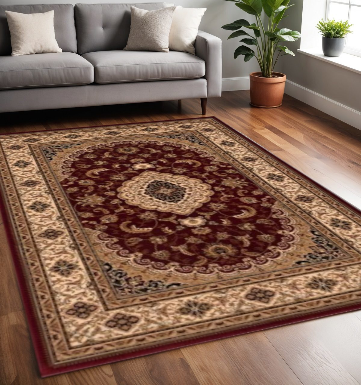 Red and Beige Floral Medallion Olefin Power Loom Area Rug, 8′ × 11′