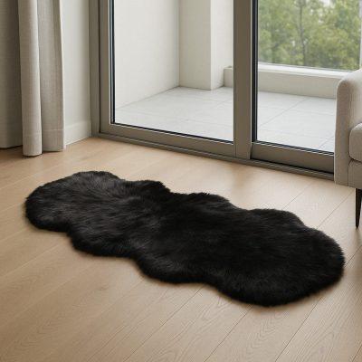 Black Faux Fur Washable Non Skid Area Rug