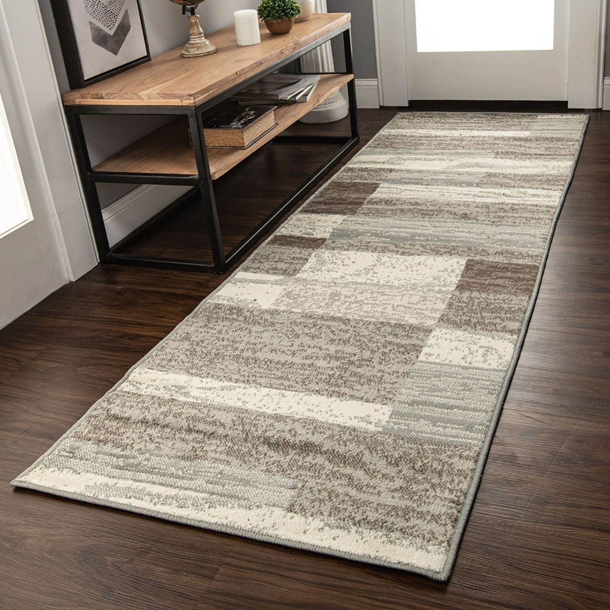Blue and Ivory Patchwork Polypropylene Rectangle Area Rug