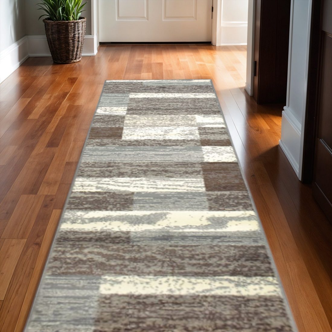 Blue and Ivory Patchwork Polypropylene Rectangle Area Rug
