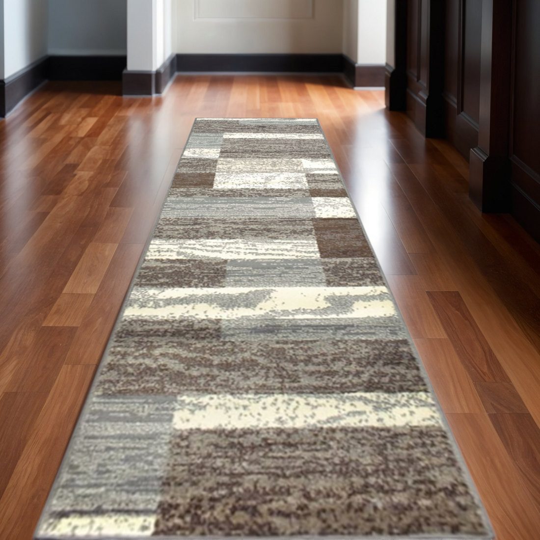 Blue and Ivory Patchwork Polypropylene Rectangle Area Rug, 12′ Runner