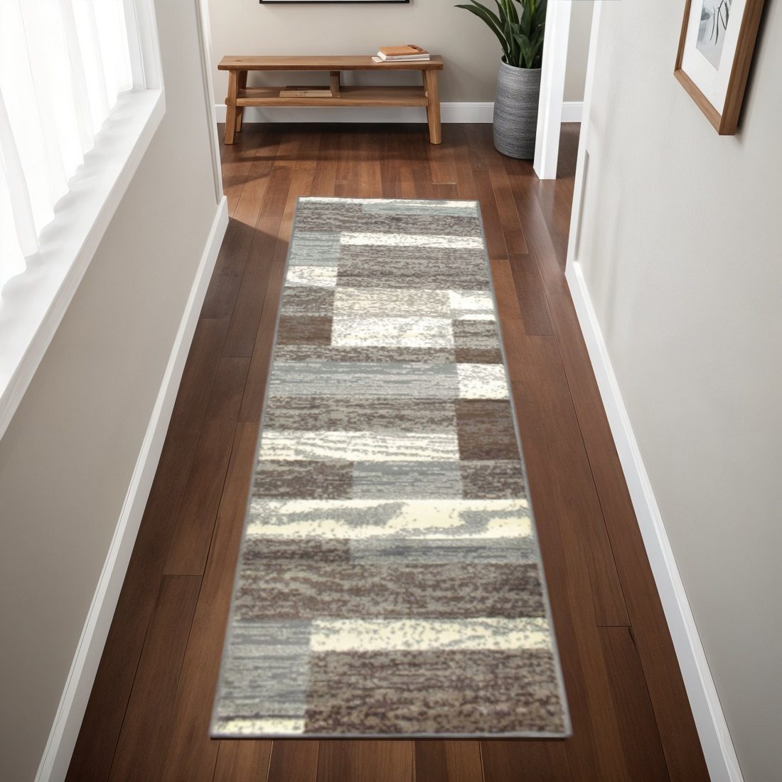 Blue and Ivory Patchwork Polypropylene Rectangle Area Rug, 8′ Runner