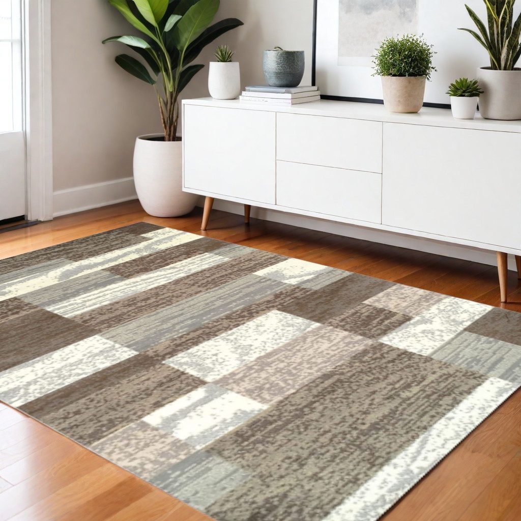 Blue and Ivory Patchwork Polypropylene Rectangle Area Rug, 4′ × 6′