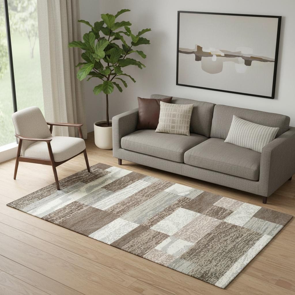 Blue and Ivory Patchwork Polypropylene Rectangle Area Rug, 5′ × 8′