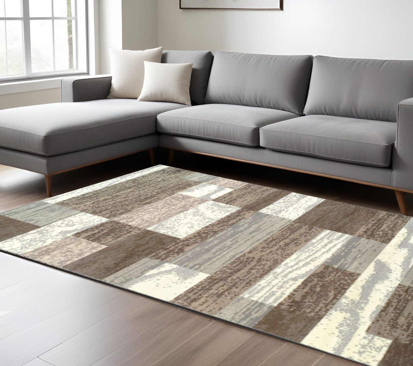 Blue and Ivory Patchwork Polypropylene Rectangle Area Rug, 8′ × 10′
