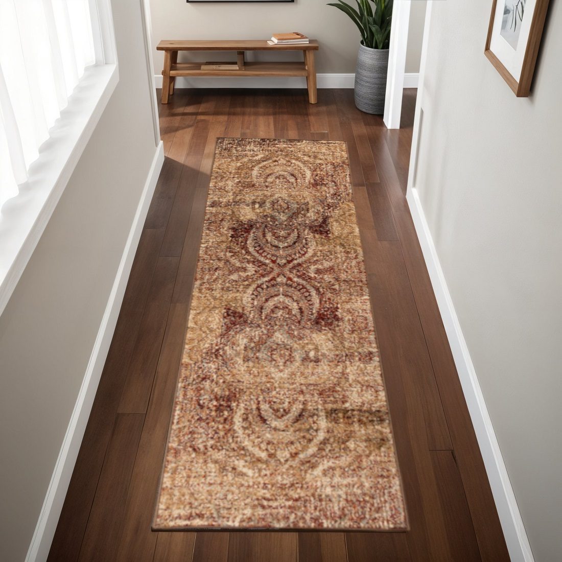 Gold and Maroon Polypropylene Abstract Distressed Area Rug, 8′ Runner