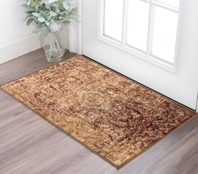Gold and Maroon Polypropylene Abstract Distressed Area Rug