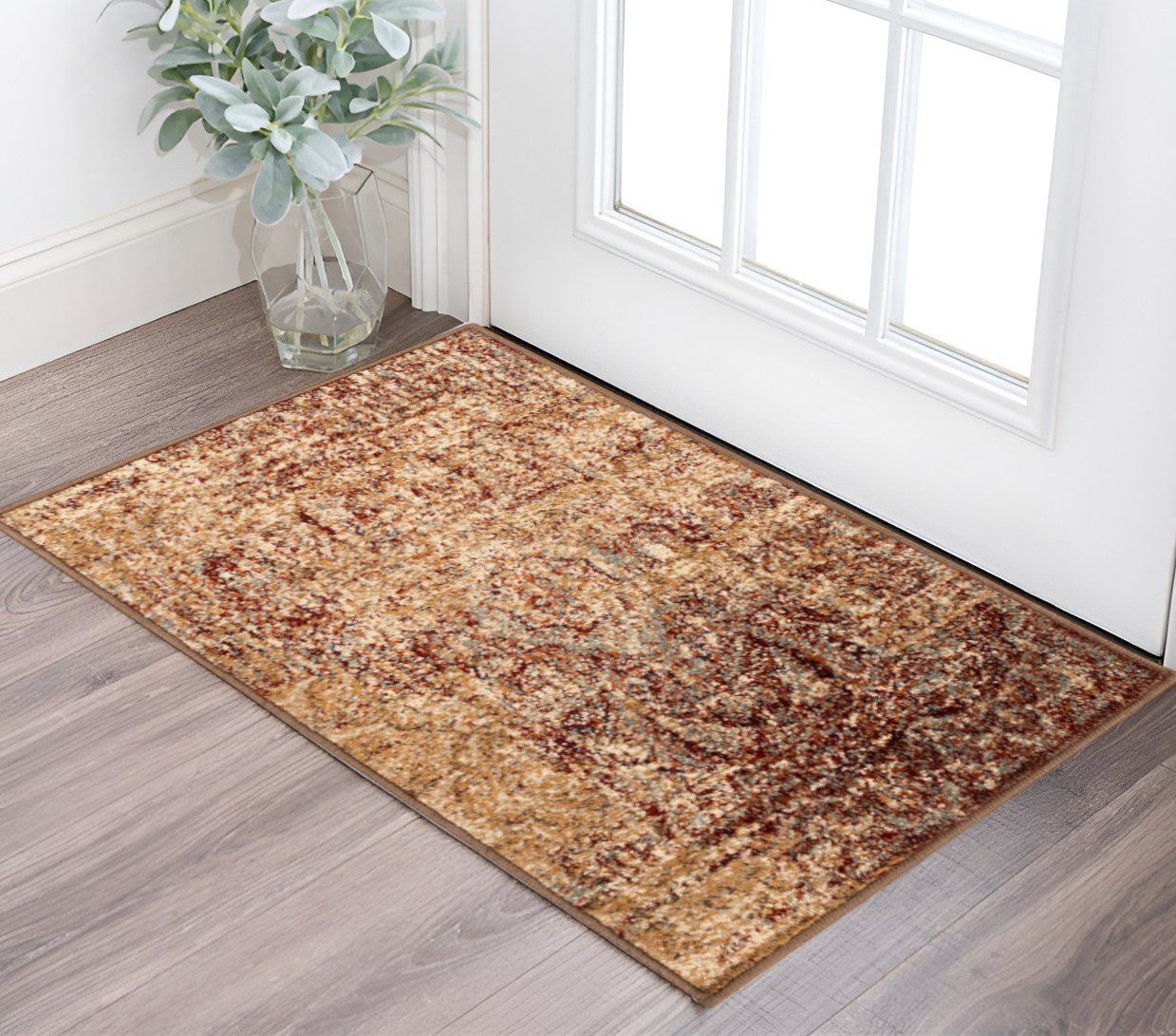 Gold and Maroon Polypropylene Abstract Distressed Area Rug