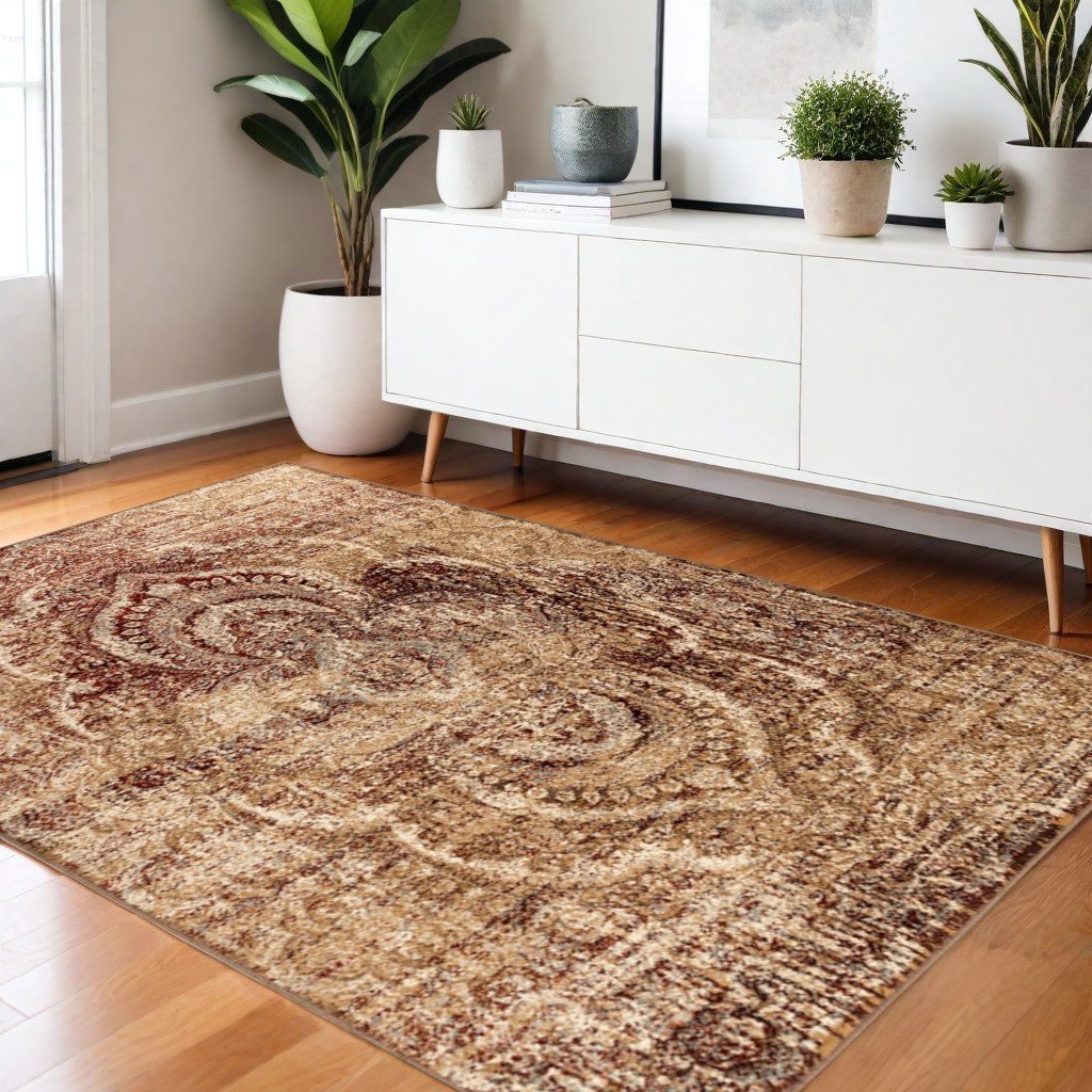 Gold and Maroon Polypropylene Abstract Distressed Area Rug, 4′ × 6′