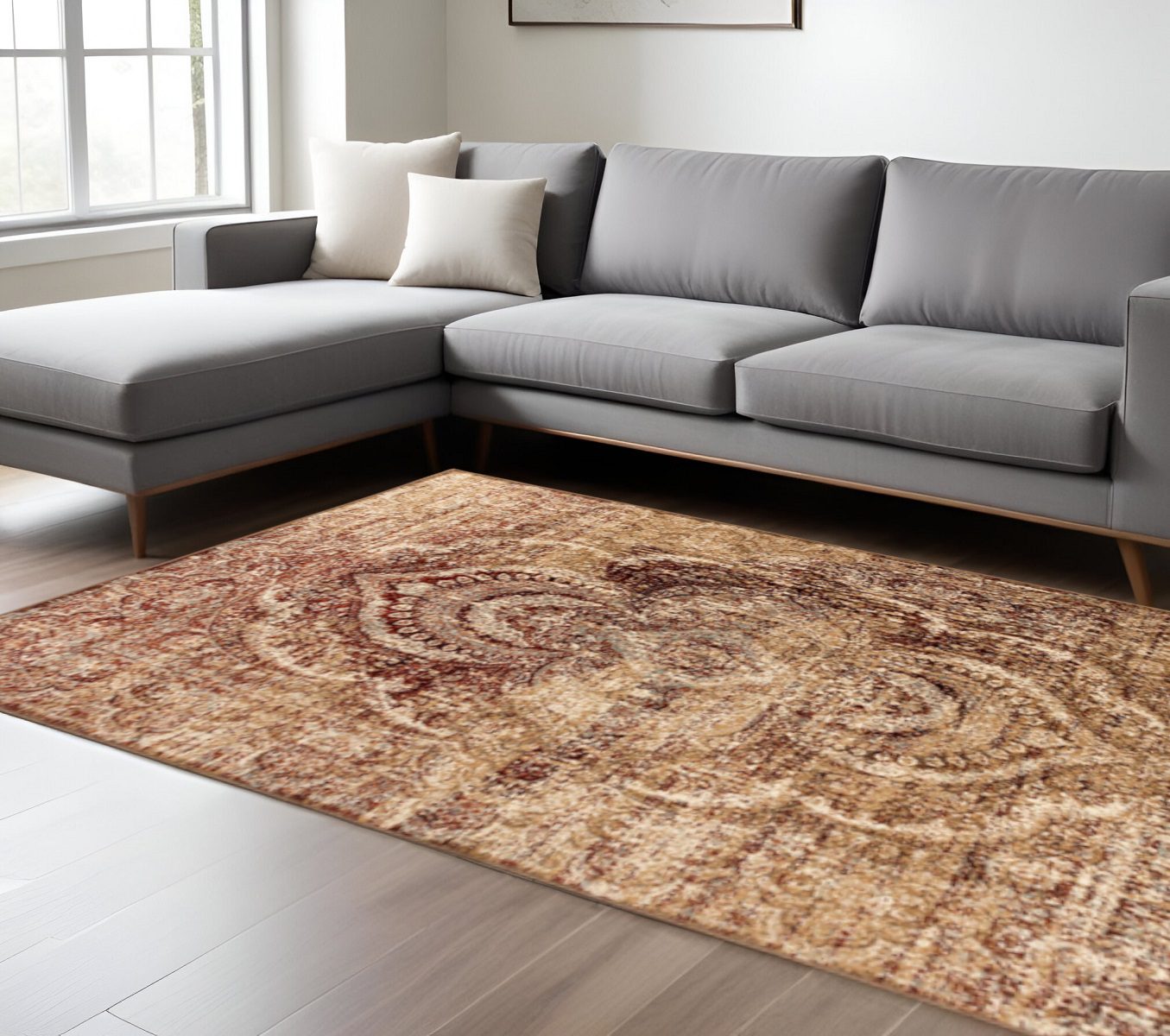 Gold and Maroon Polypropylene Abstract Distressed Area Rug, 6′ × 9′